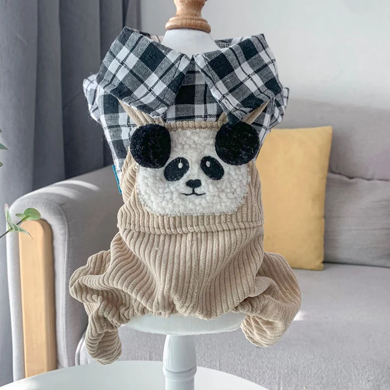 Cute Panda Summer Dog Suit Gray Plaid Soft Pet Tracksuit For Puppies Animal Costumes Clothing XS XL Outfit Chihuahua Shih Tzu