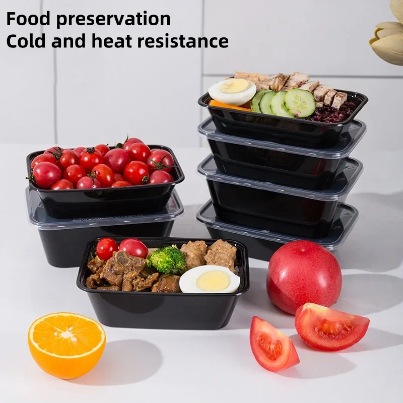Fiambrera desechable gruesa de 1000ml, vajilla que se puede llevar, tazón de plástico negro Rectangular calentado por microondas, caja de embalaje de alimentos