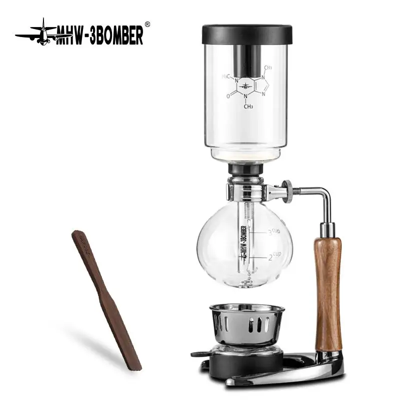 MHW-3BOMBER Siphon Coffee Maker with Wooden Handle,Vacuum Brewer Pot, Japanese Syphon Machine, 1-3Cups Glass Drip Coffee Maker