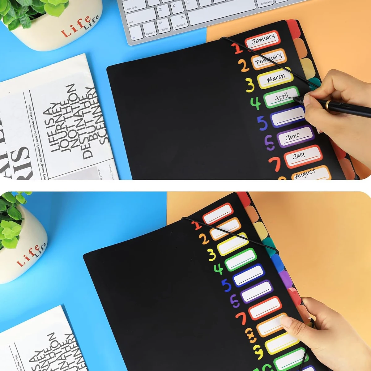 Color Tab A4 File Folders with Monthly Dividers - Durable Organizer, Coded Calendar System, Black Sturdy Cover