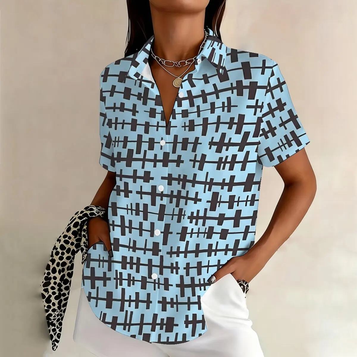 

Женская рубашка больших размеров с коротким рукавом в стиле ретро с геометрическим принтом, винтажная, минималистичная и модная, универсальная для кампуса и повседневной носки