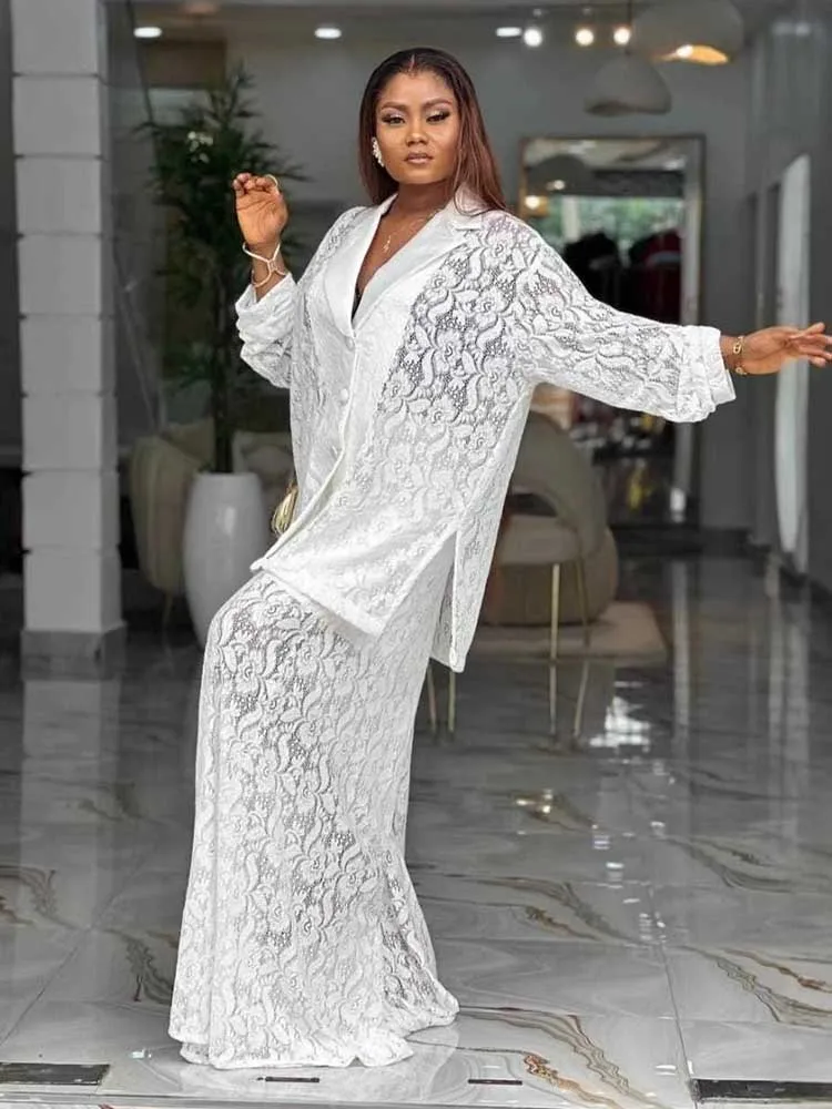 

Woman Two Piece Sets Outfits Spring Loose Fit Long Sleeve Elegant Lace Blazer and Matching Pants Set Hollow Out Casual Ladies