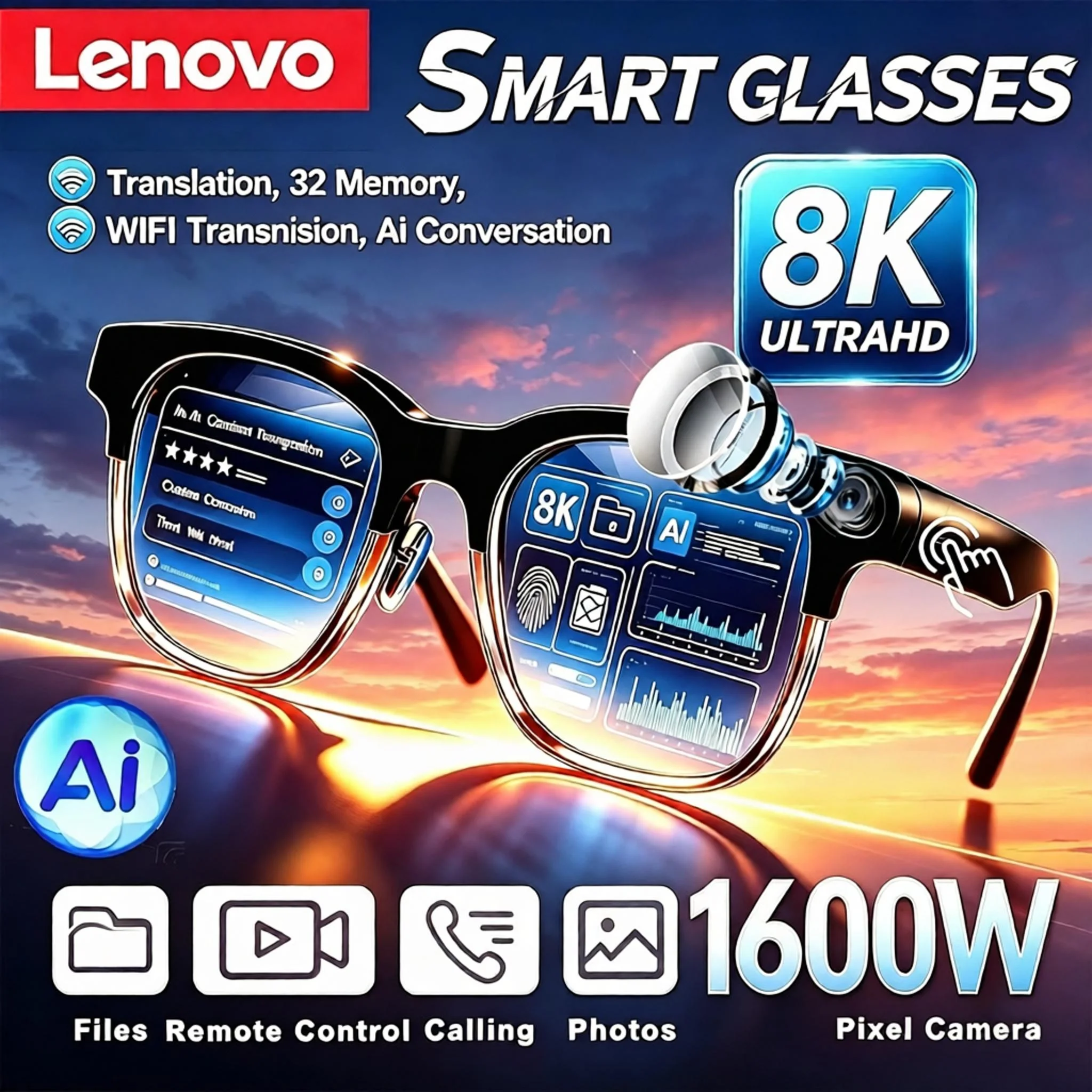 Lenovo Wireless AI Smart Glasses Touch Control Bluetooth Remote Photo Video Record Translator Voice Assistant Óculos Inteligente