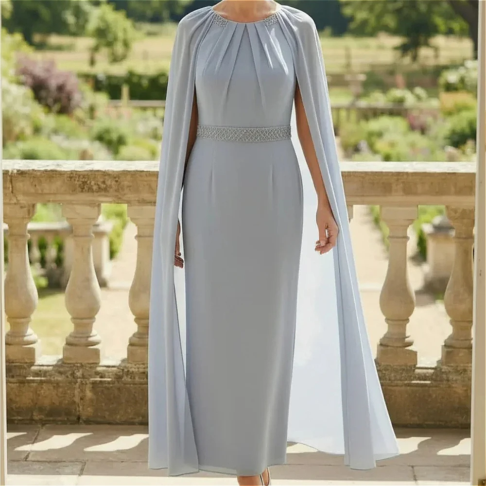 

Customized Light Blue Round Neck Cape Sleeve Mother Of Bride Dress Rhinestone Waist Elegant Formal Party Outfit