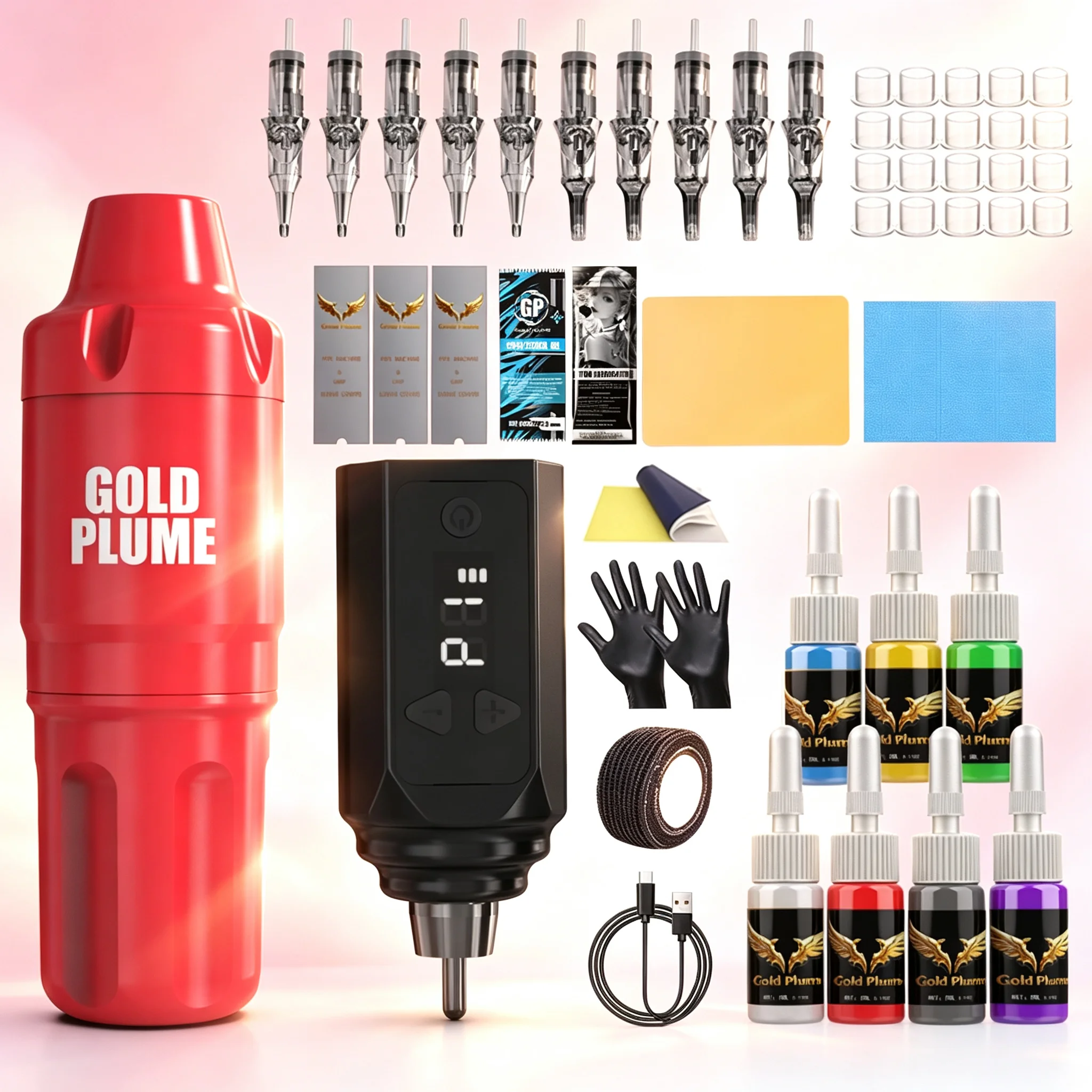 Wireless Rotary Tattoo Pen Machine Kit 1100Mah Integrated Power All in One Complete Tattoo Supplies Mixed Cartridge Needles Multicolor Tattoo Ink Practical Tattoo Tool Set for Beginners Professional Tattoo Practitioners