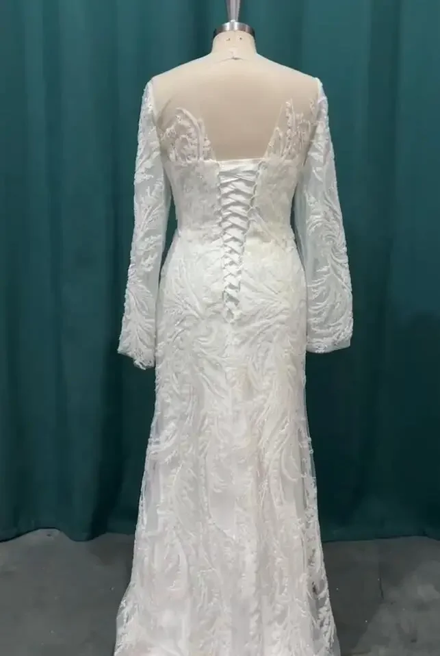 تخصيص 2025 فاخر حورية البحر فساتين لحضور الحفلات الموسيقية بأكمام طويلة ورقبة مستديرة مطرز دانتيل حورية البحر فستان الزفاف مع ذيل قابل للانفصال