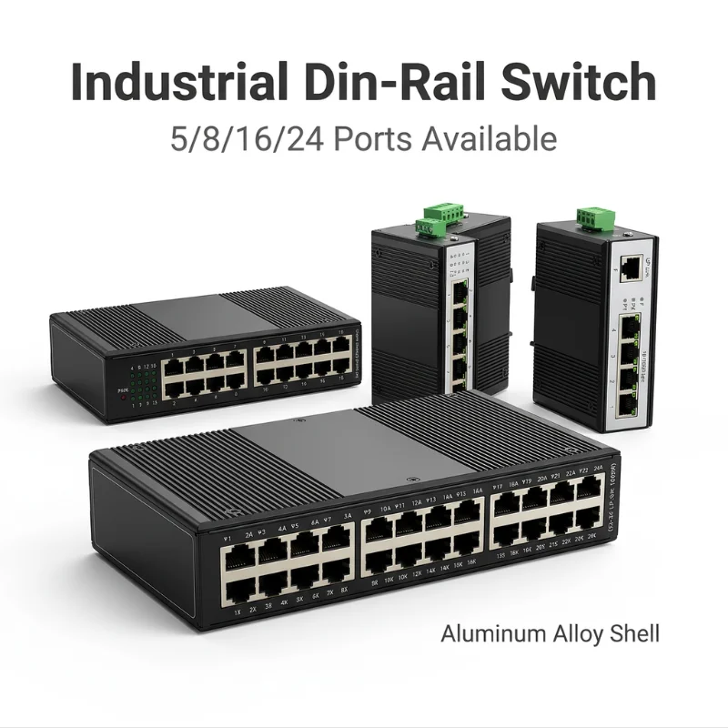 産業用dinレール対応高速イーサネットスイッチ、5-8-16-24ポート、100mbps、poe非対応-対応（オプション）、アルミニウム合金製、100m産業用。