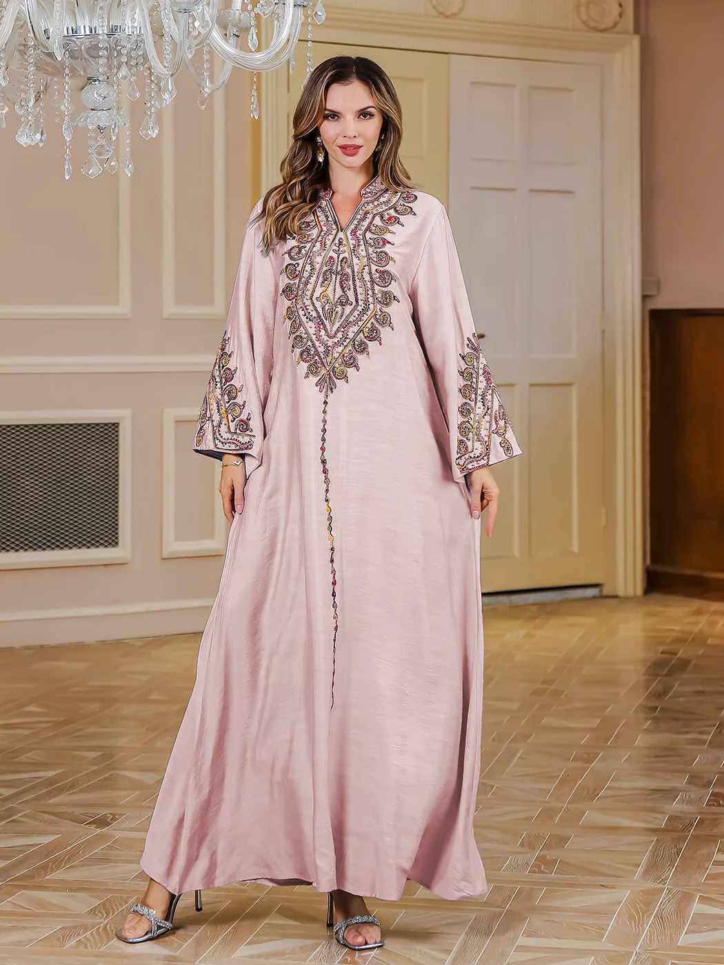 

Ele Long Dr with Rope Embroidery Stand Collar Faionable Arabic Dubai Robe Dr for Evening Par And Wedding