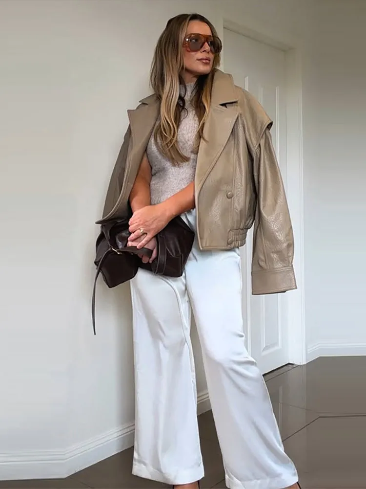 Fashion High Street Leather Jacket Turn-down Collar Long Sleeve Drop Shoulder Buttons Coat 2026 Autumn Lady Casual Commute Coats