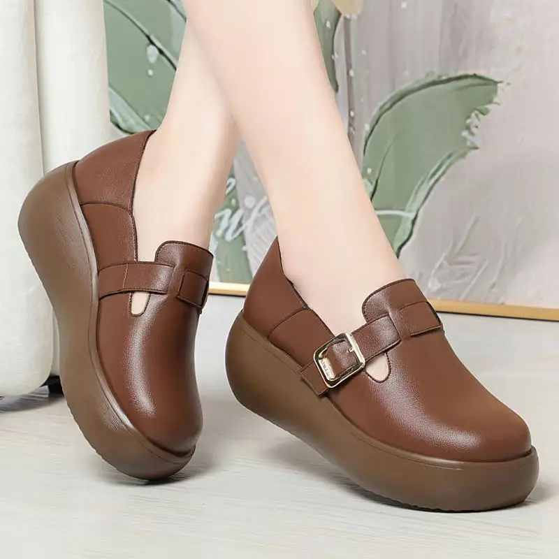 

Women Wedge Platform Shoes Adjustable Buckle Slip on Women's Loafers Suede Casual Thick Sole Moccasins Outdoor Walking Footwear
