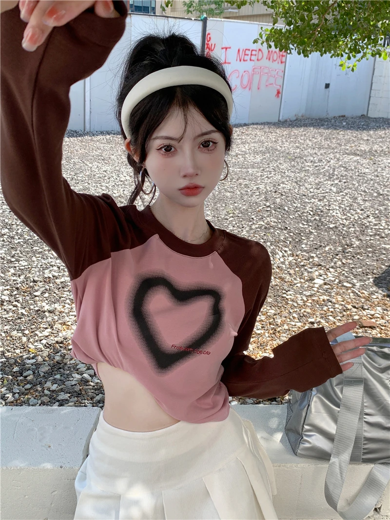 Long Sleeve T-shirts Women Sweet Heart Print Y2k Clothes Crop Tops Harajuku College All-match Patchwork Casual Design Chic Sexy