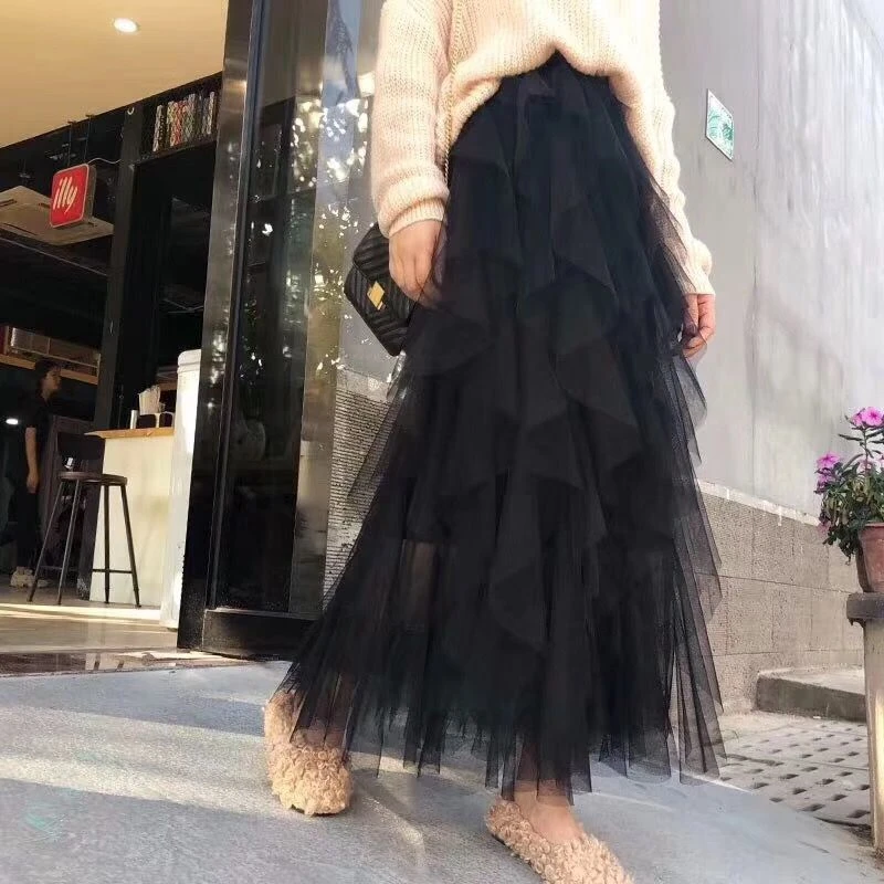 Tutu Tulle Long Mesh Skirt Women Fashion 2024 Korean Cute Pink High Waist Pleated Skirt Mesh Female Lady Aesthetic Faldas