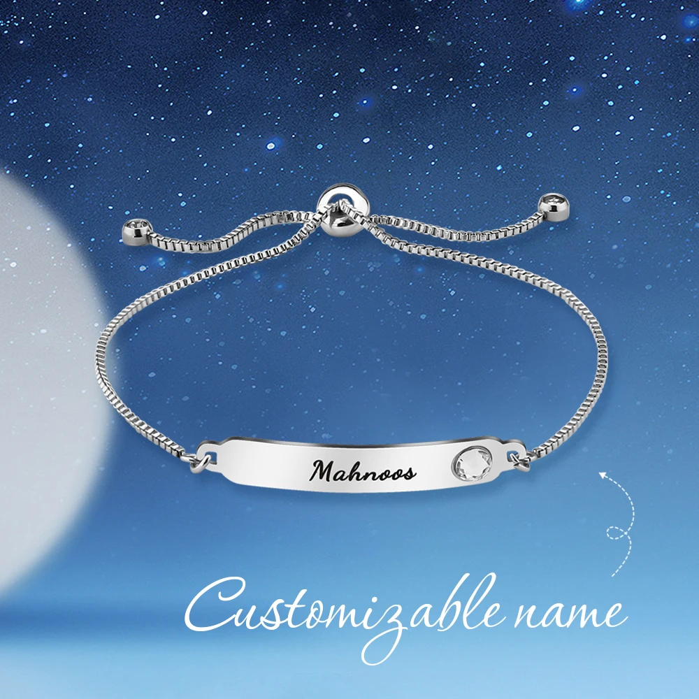 Custom name Bracelet for Women Stainless Steel Adustable Bracelet with white stone Box Chain Bracelet