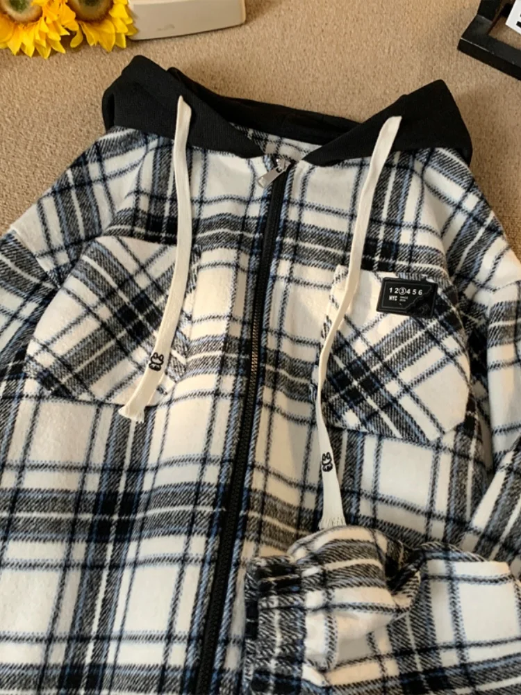

Мужская куртка в клетку с капюшоном в стиле преппи, весна-осень, американский ретро-стиль, рабочая одежда, свободный крой, длинный рукав, ветрозащитная, на молнии