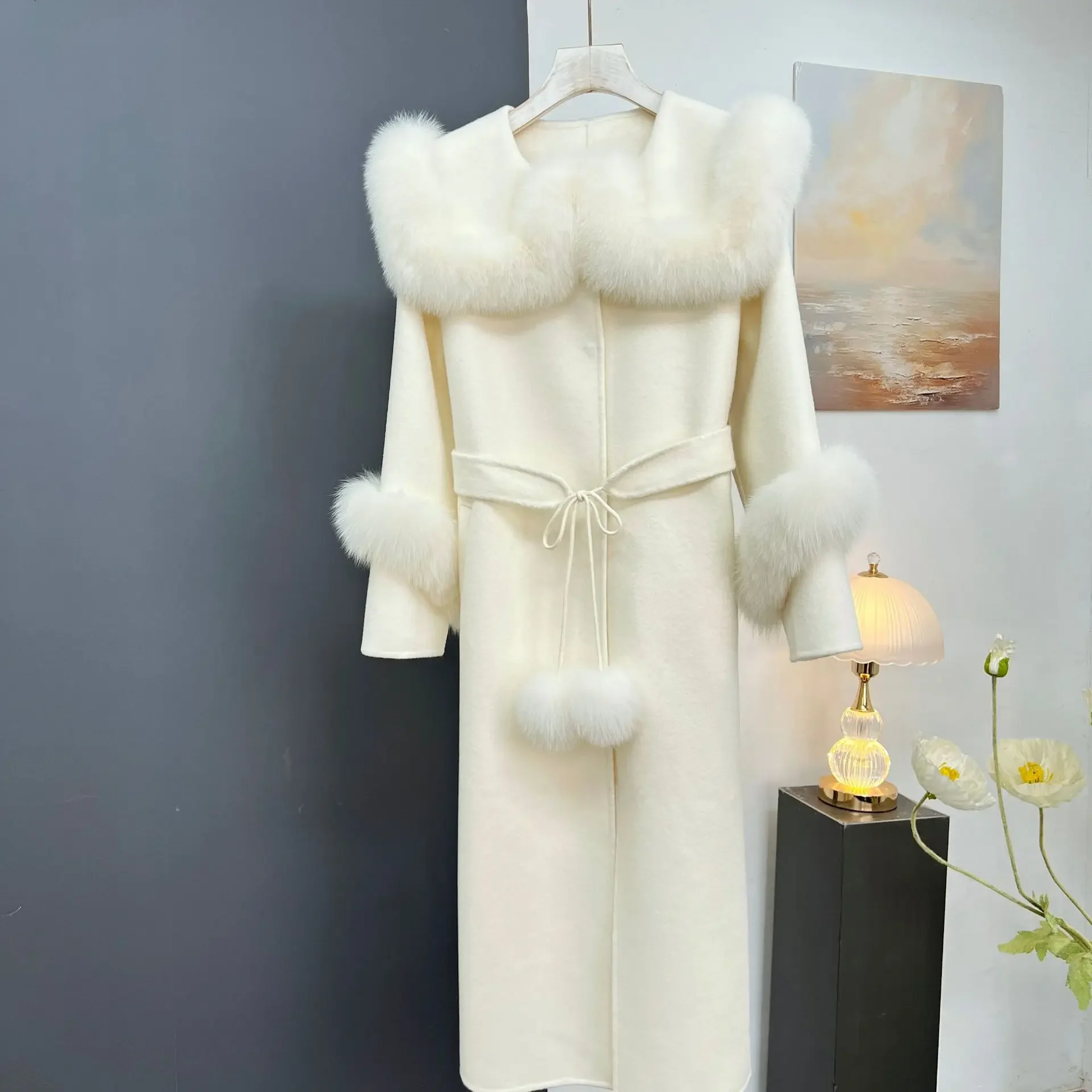

New Wool Double-sided Long Navy Collar+fox Fur Cuff Design Fur Jacket