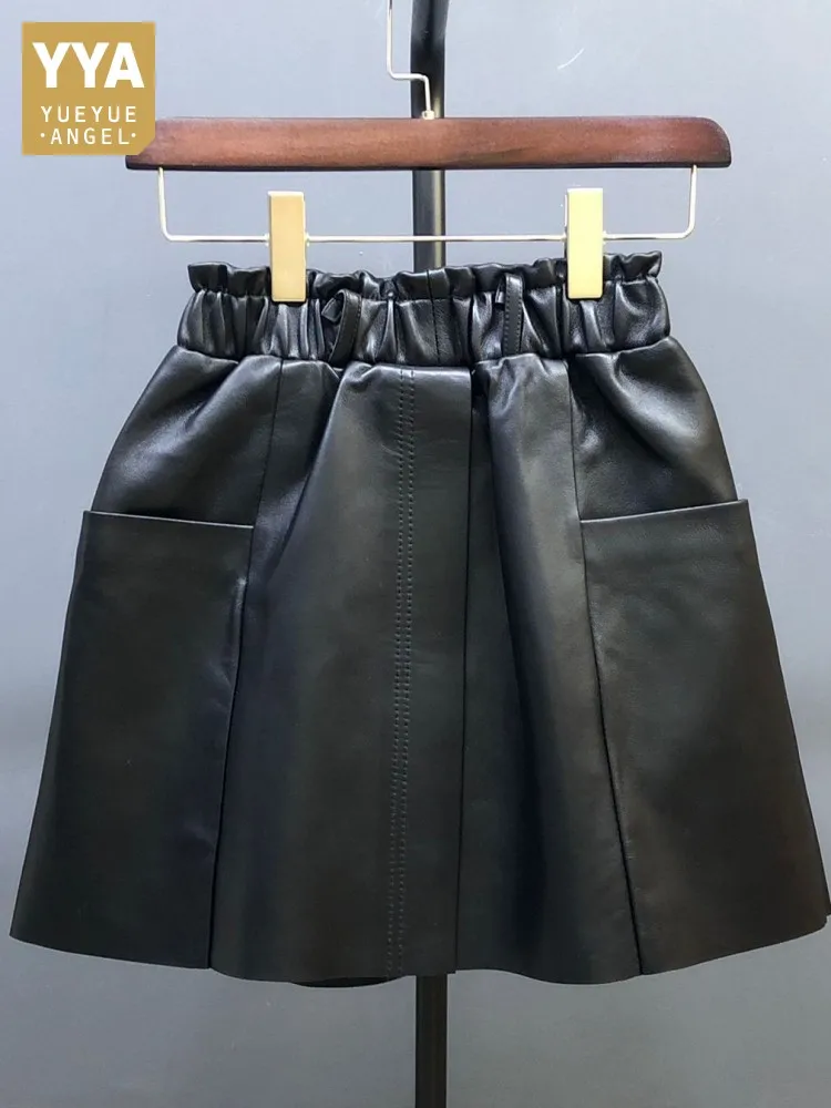 

Concise Style Solid Color Ladies A-Line Genuine Leather Short Skirts Handmade Elastic Waist Pocket Fashion Sheepskin Skirt 4XL