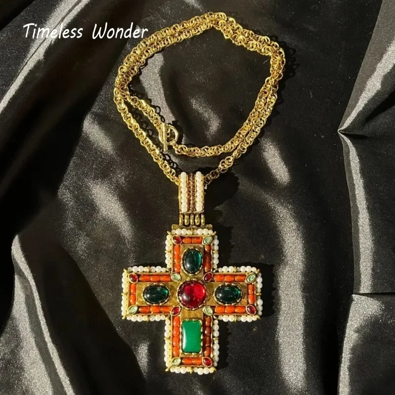 Timeless Wonder Retro Geo Glass Cross Pendant OT Chain Necklaces for Women Designer Jewelry Runway Top Vintage Rare Gift 5623