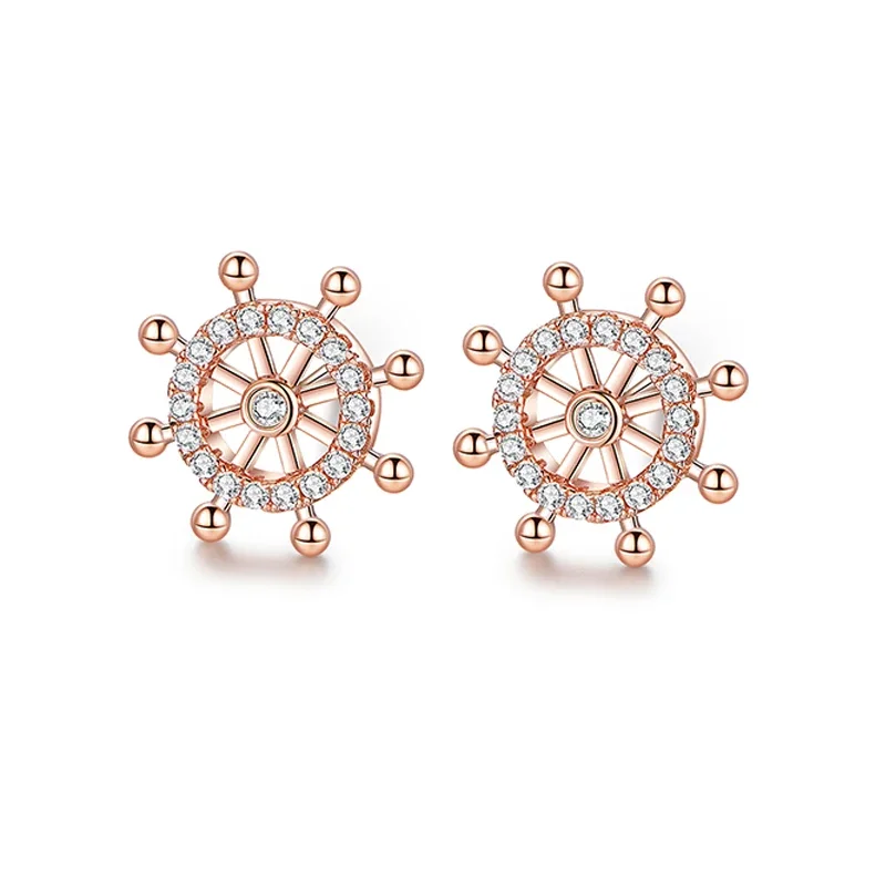 Original 925 Sterling Silver Stud Earrings For Women Crystal Stone Charm Anchor Rudder Compass Rose Gold Earring Fashion Jewelry