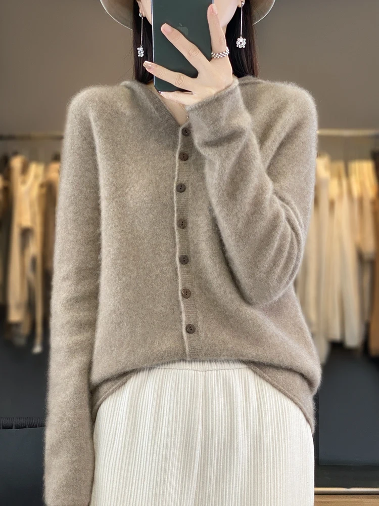 Autumn Winter V-neck Sweater Cardigan 100% Merino Wool Knitwear Hooded Cashmere Long Sleeve Comfortable Casual Women Clothes Top