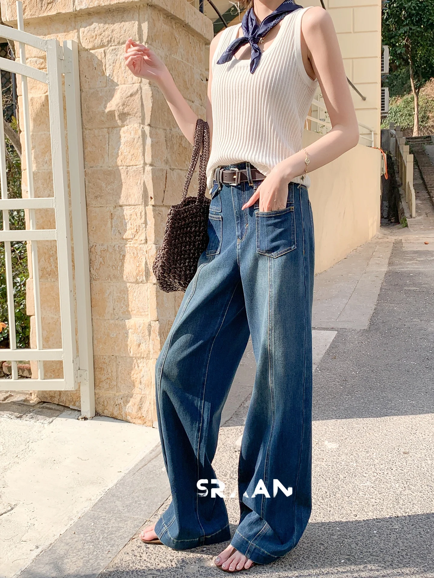 

High Waist Wide Leg Indigo Dyed Women's Jeans Straight Workwear Trousers Spring Fashion plus Size Cotton Pants