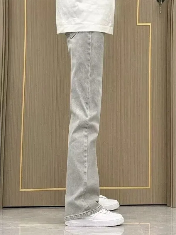

Retro American Vibe Men's Straight Leg ey Denim Jeans High Street Slim Fit Elastic Flared Pants Youthful Casual Wear