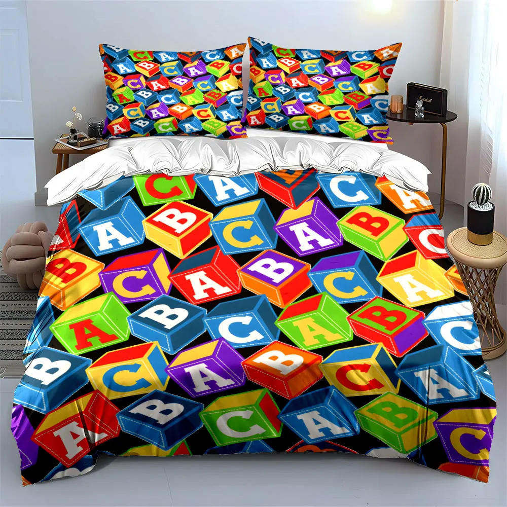 Cute Colorful ABC Alphabet Blocks Bedding Set,Kids Educational Letter Cube Print 3pc,Soft Set For Toddler Kindergarten Bedroom