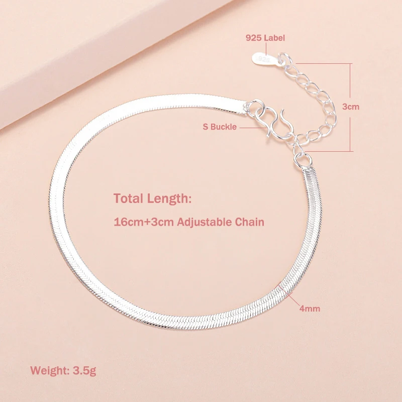Classic Simple Flat Snake Bones Anklet Women 925 Sterling Silver Jewelry Punk Rock Unisex Glossy Blade Style Bracelet Foot Chain view 5