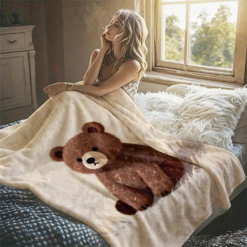 Felt Brown Bear Art Flannel Blanket Perfect for Sofa Office Bed Travel Sleep Read Relax Camping Four Season Use