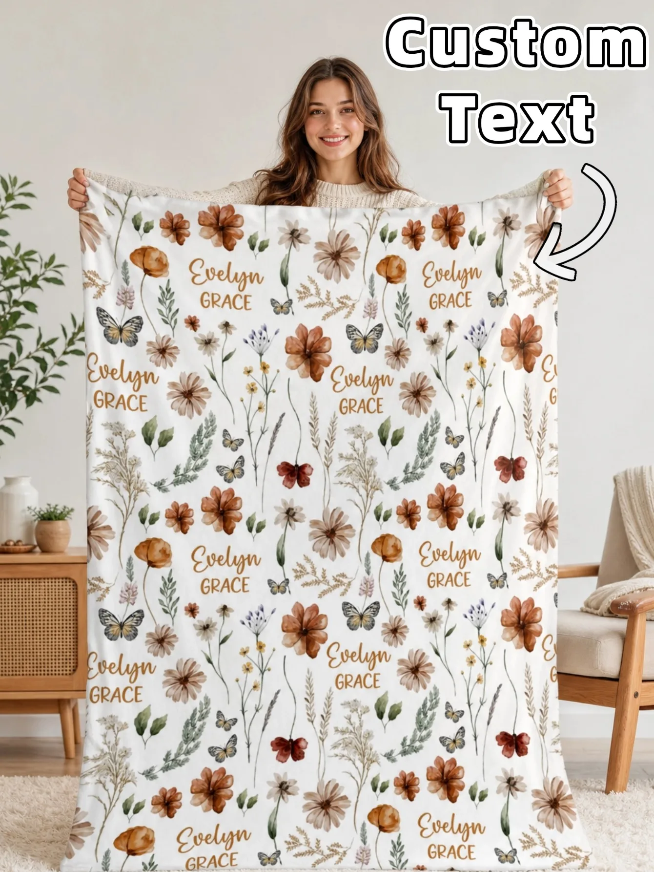 1pc Custom Name Wildflower Blanket Personalized Throw Blanket Valentines Day Gift for Her Daughter Girlfriend Bedroom Sofa ame