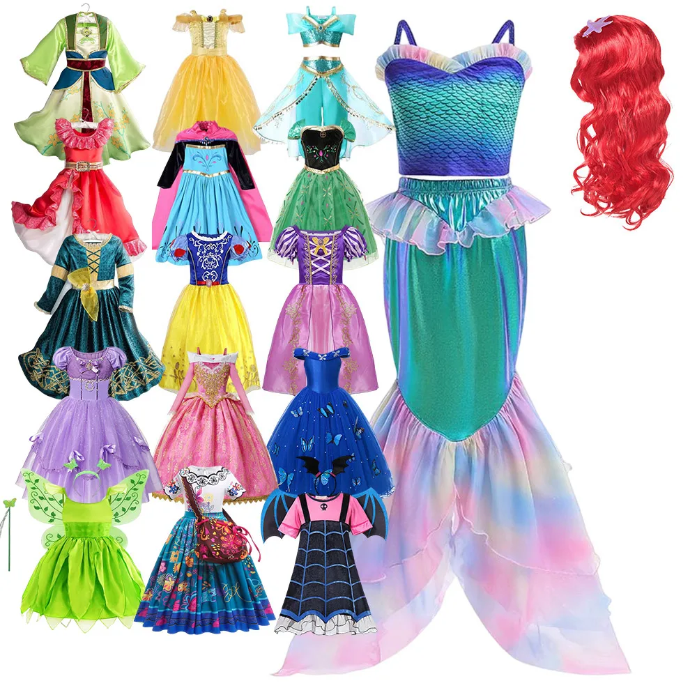 

Disney 2023 New Princess Ariel Mermaid Costume for Kids Rapunzel Party Queen Elsa Anna Dress Girls Halloween Cinderella Vestidos