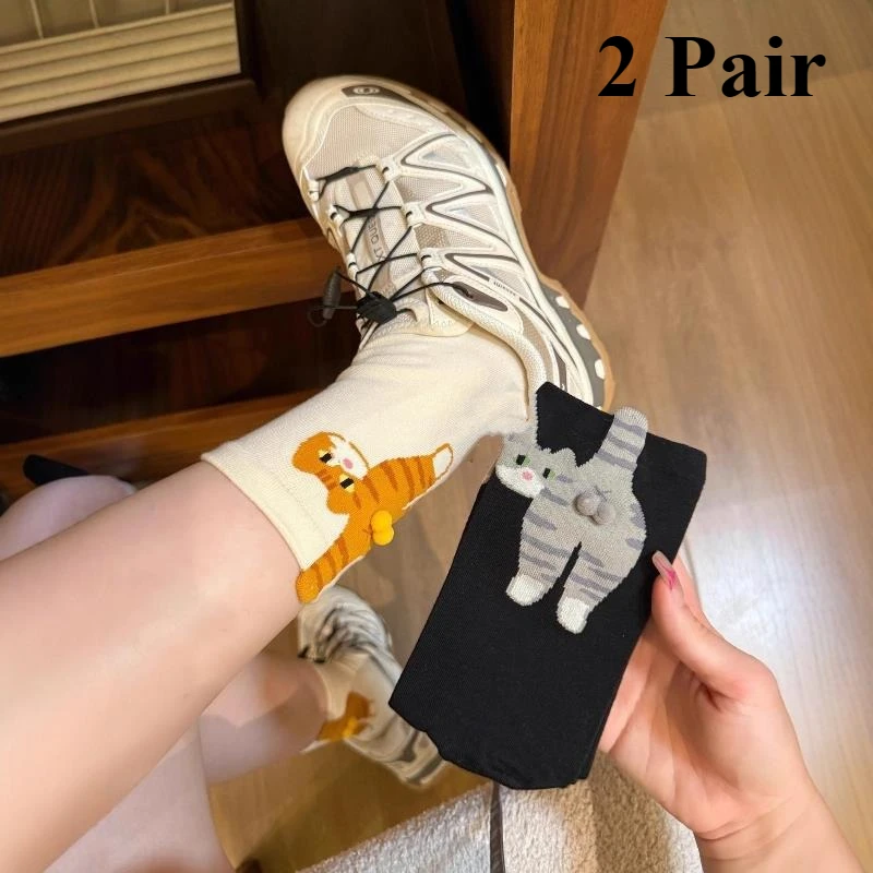 

2 Pair/set Cartoon Cat Crew Socks for Women White Spring Summer Over Knee Socks Cute Fun Printed Ankle Socks for Outerwear