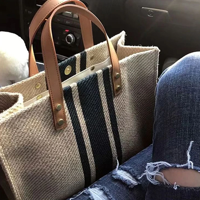 

Simple Canvas Stripe Decor Bucket Handbags Women Top Handle Tote Bag Large Capacity Casual Shoulder Crossbody Bags