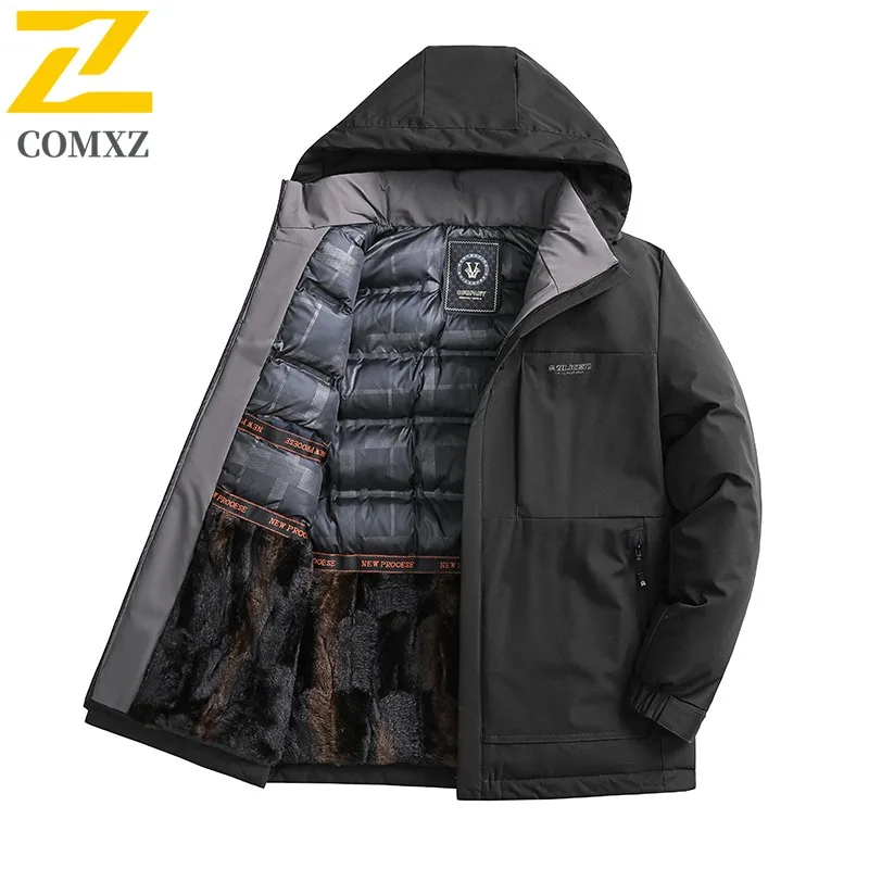 เสื้อแจ็คเก็ตบุหนา COMXZ สำหรับผู้ชาย มีฮู้ด สีพื้น เหมาะสำหรับธุรกิจ เดินทาง ท่องเที่ยวในหิมะ เดินป่า คุณภาพสูง สำหรับฤดูหนาว