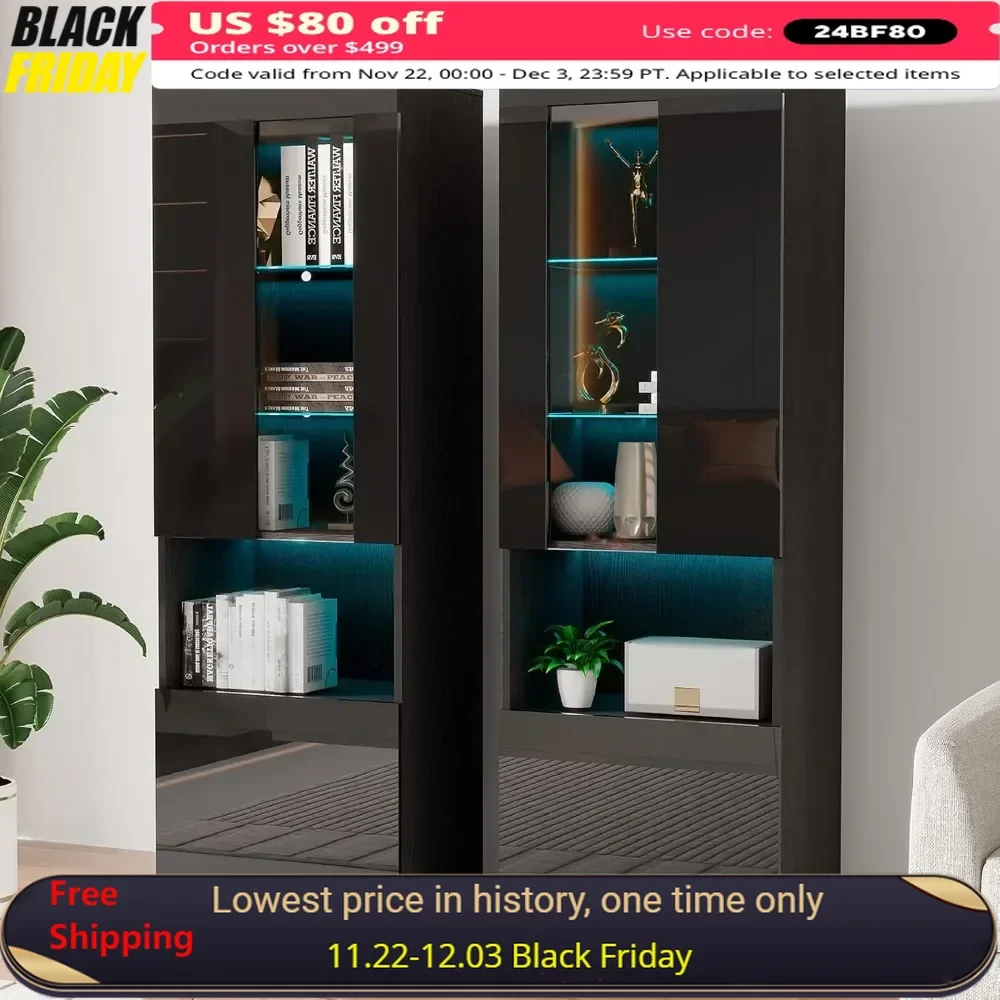 2 Piece Display Cabinet with Glass Doors, 5 Tiers for Storage & Adjustable Glass Shelves, 71in High Gloss LED Display Cabinet