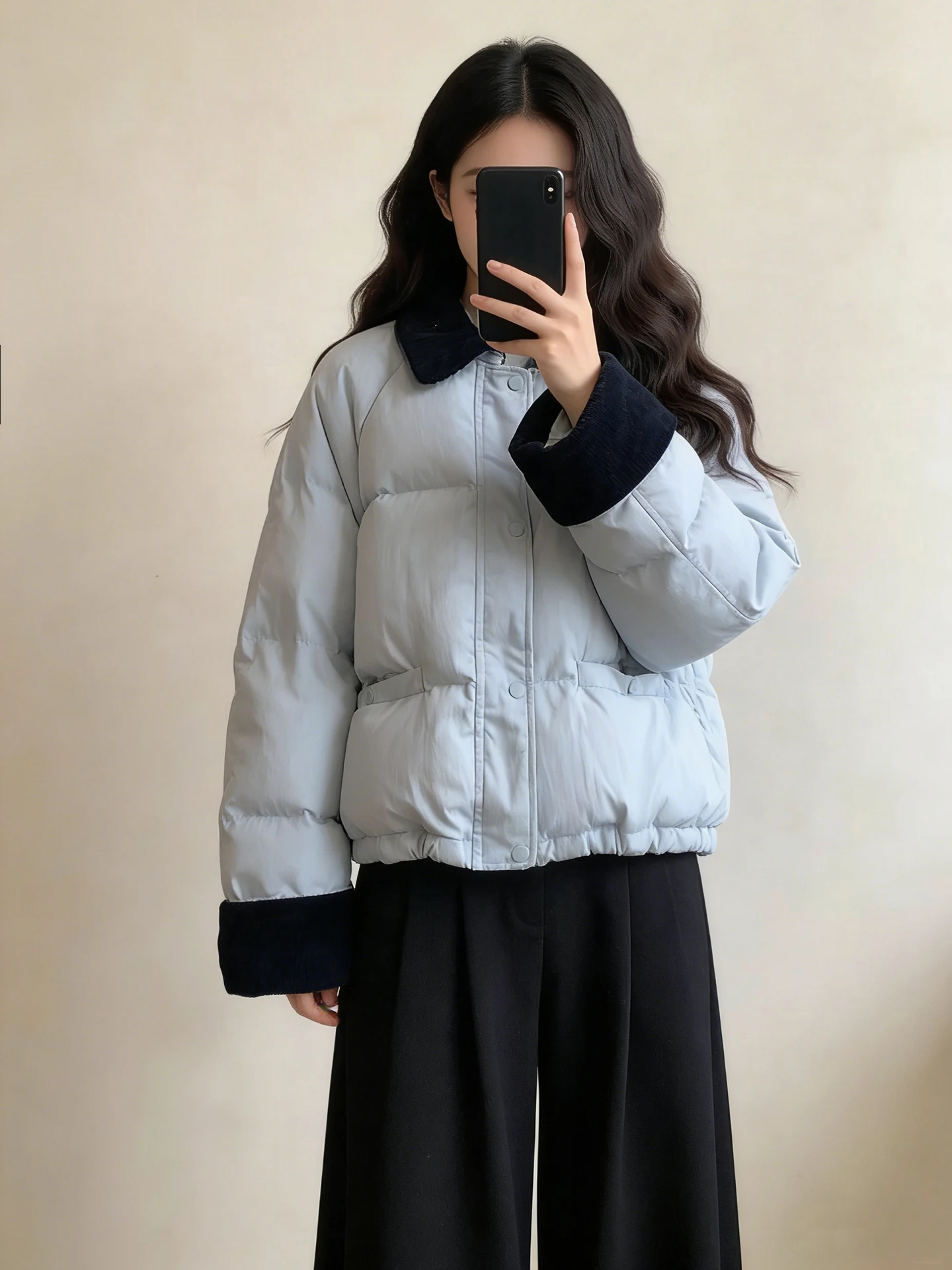 

Korean Sle Sweet Blue Patchwork Stand Collar down Cotton Jaet Women's Autumn Winter Thiened Warm Bread Sle Outerwear