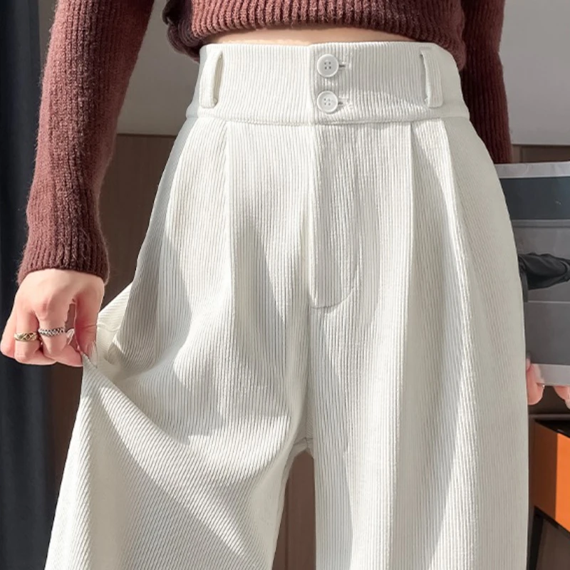 High Waist Autumn Winter Velvet Women's Wide Leg Pants 2025 New Buttons Casual Loose Solid Korean Full Length Trousers Female