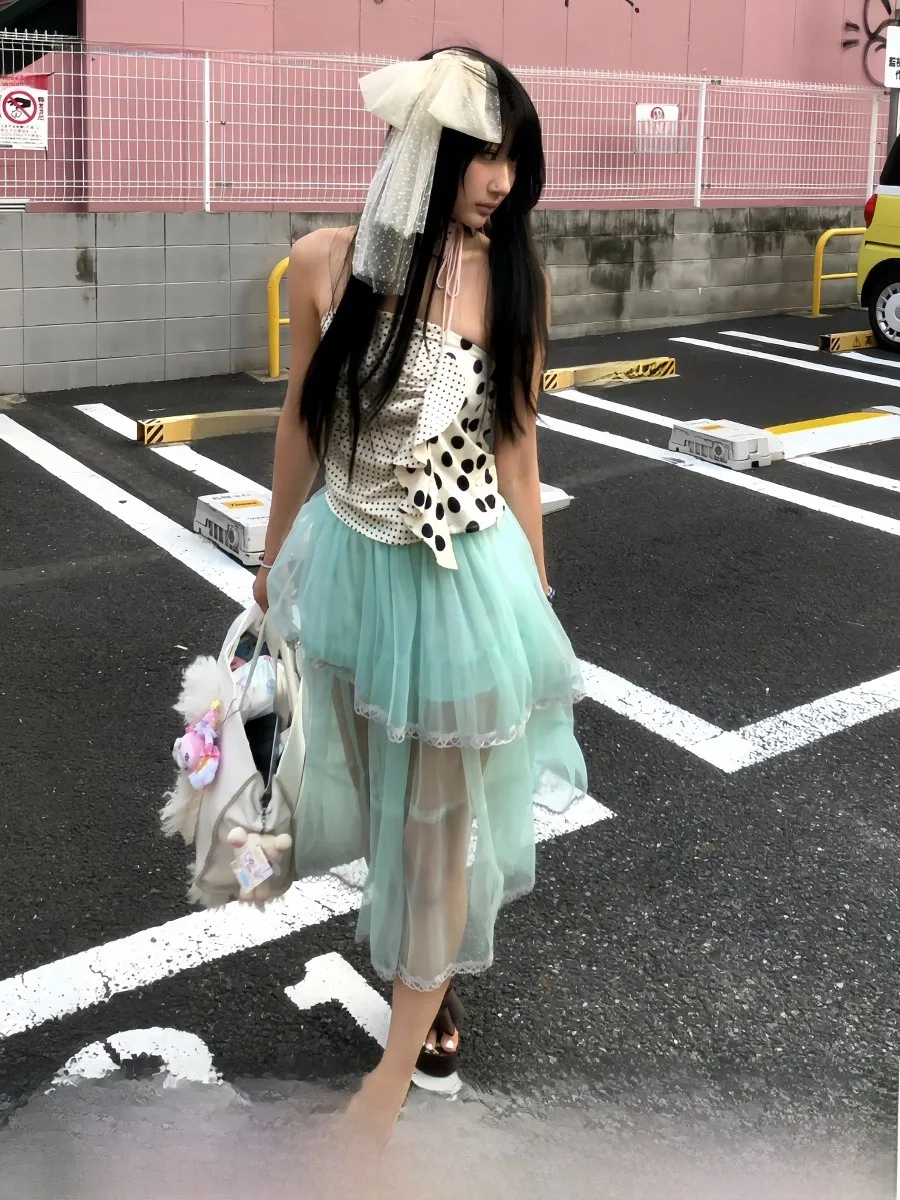 

Slimming Black White Polka Dot Collision Strapless Top High Waist Double Layered Mesh Women's Fashion Set with Irregular Mint...