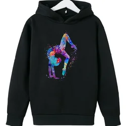 New Watercolor Gymnastics Art Print Cute Sweatshirts Girls   Birthday Gift Top Thick Clothes Kids  Hooodie Sweater Black