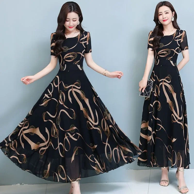 Verão venda quente da temporada moda casual manga curta em torno do pescoço férias praia vestido emagrecimento anti-envelhecimento estilo coreano
