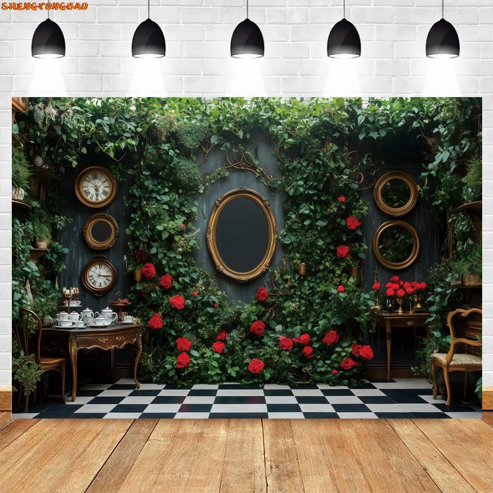 Страна чудес, зеленый лист, красная роза, фон для фотосъемки, фантазия, сказка, украшение для дня рождения для девочек, фон для фотостудии