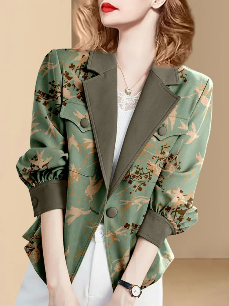 Blazer de manga larga con estampado elegante para mujer, Blazer recto de oficina con botonadura simple a la moda