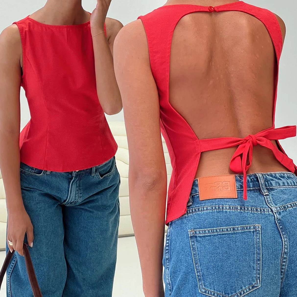 Women's Soild Color Backless Tank Tops Elegant Sleeveless Open Back Lace Up Crop