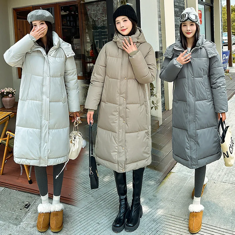 Parka longue à capuche avec poignées amovibles pour femme, manteau rembourré, vêtements de neige chauds, col en fourrure épais, poches zippées, hiver, nouveau, 2024