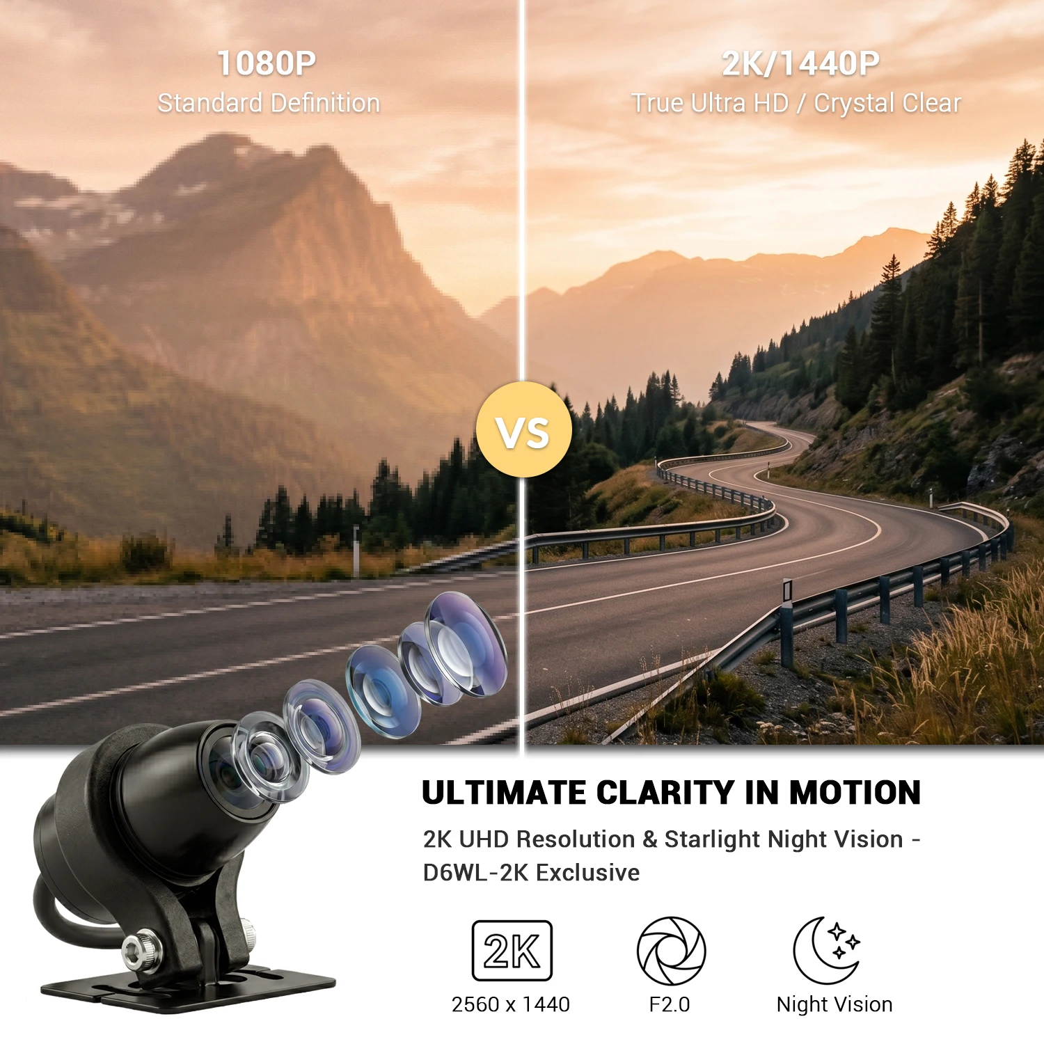 2 Channel Motorcycle DVR 2K Resolution with Front/Rear 1440p Waterproof Cameras - Built-in WiFi, Supercapacitor & 512GB Support