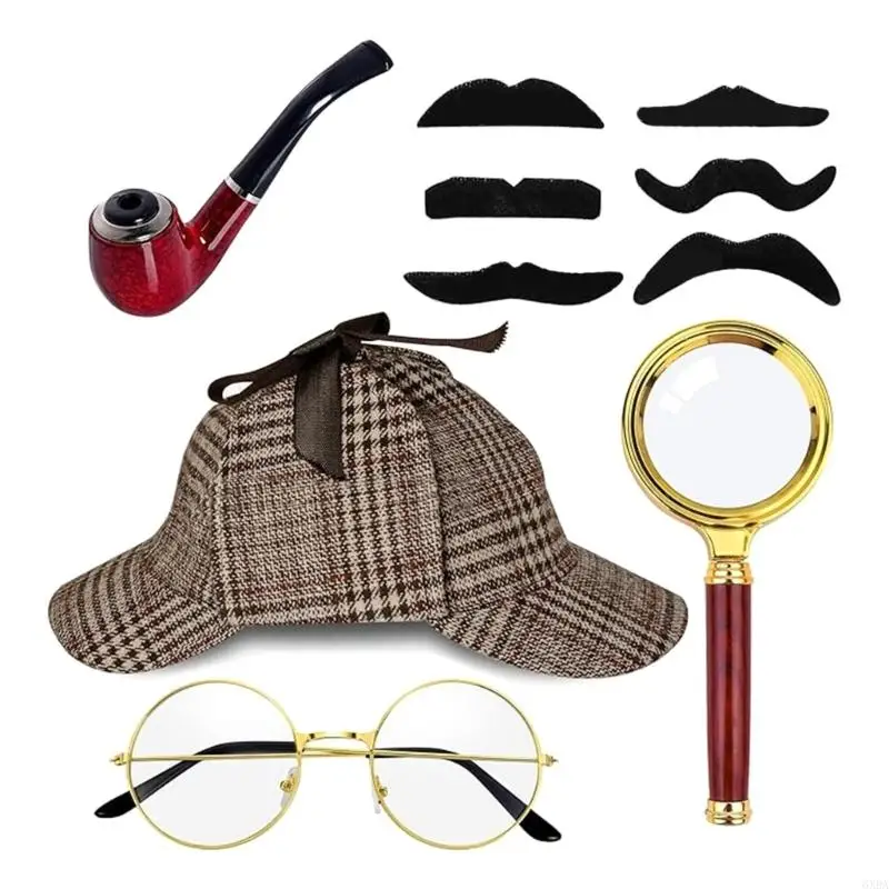 Detective Costume Beard Hat Glasses Glass Necktie for Halloween 6XDA
