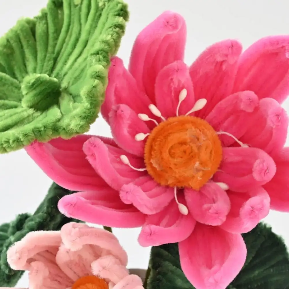 Finished Pipe Cleaner Flower Bouquet 2 Lotus Flowers 3 Lotus Leaves Artificial Chenille Stems Flower Craft For Vase Fake Flower view 4