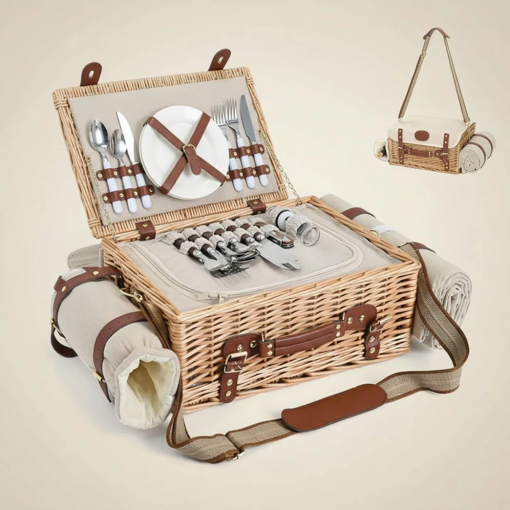 مجموعة سلة نزهة من الخيزران تتسع لـ 4 أشخاص مع بطانية معزولة وطاولة قابلة للفصل وأدوات مائدة كاملة للتخييم للأزواج في الهواء الطلق