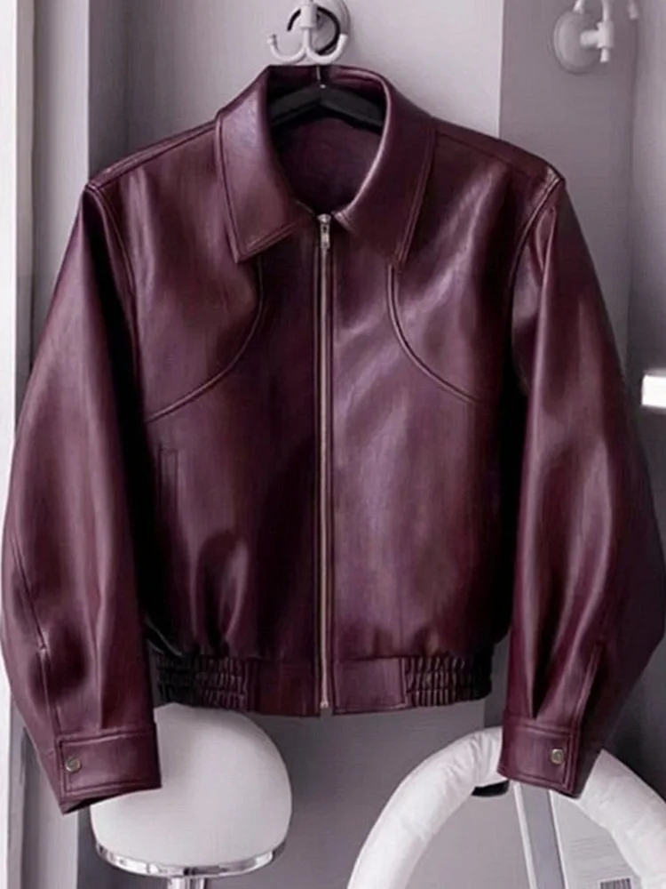 

Red Leather Jaet Women's Autumn Winter New Sle American Retro Simple Turn-down Collar Long Sve Zipper PU Leather Coat