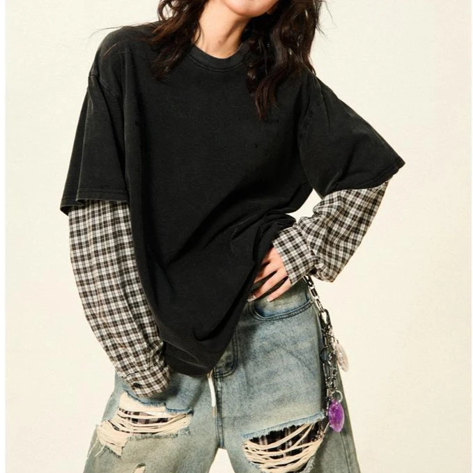 

American Retro Plaid Splicing Fake Two-sleeved Long-sleeved T-shirt for Women Spring and Autumn Design Casual Couples Top