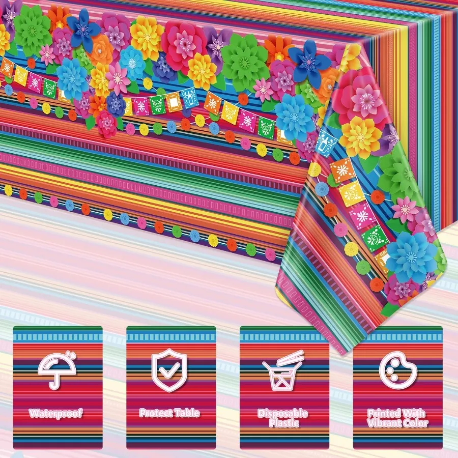 4 Pcs Mexican Fiesta Tablecloth Cinco De Mayo Plastic Table Cover Mexico Colorful Striped Paper Flower Table Cloth Mexican Holi
